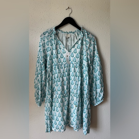 NWT J Marie Long Sleeve Tiered Mini Dress Small Block Print Floral White Blue - Picture 1 of 6